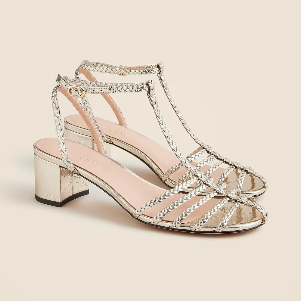 J. Crew NEW Shay Gold Metallic Braided Leather Strappy Block Heel Sandals